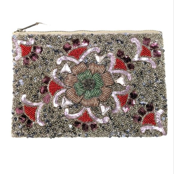FLORAL Beaded Gemstone Clutch Pouch Bag - Picture 1 of 8